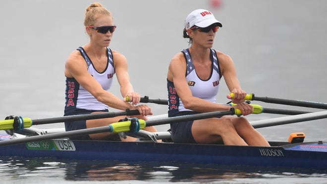 Meghan O'Leary and Ellen Tomek of the United States compete during the women's double sculls in the Rio 2016 Summer Olympic Games at Lagoa Stadium.