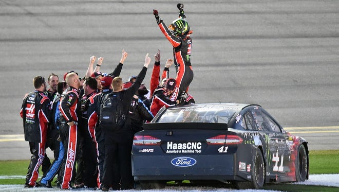 NASCAR Cup Series driver Kurt Busch (41) celebrates winning the 2017 Daytona 500.
