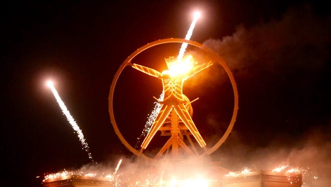 The Burning Man event hit its high point Saturday night with the burning of the proverbial Man, which stood about 80 feet above the desert floor and was destroyed by fireworks and explosions.