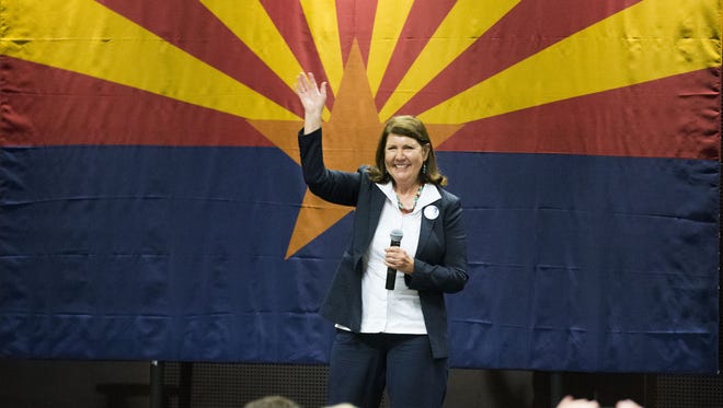 Rep. Ann Kirkpatrick, D-Ariz., greets the crowd before Chelsea Clinton speaks at Arizona State University in Tempe on Oct. 19, 2016.