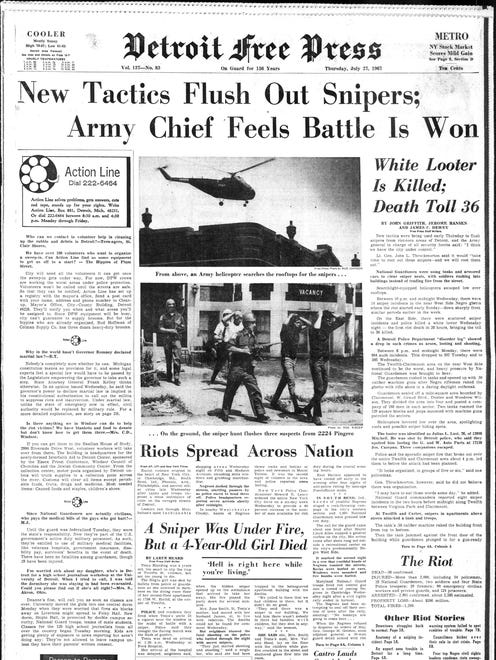 Headline on the page, "New Tactics Flush Out Snipers; Army Chief Feels Battle Is Won" From the Detroit Free Press, July 27, 1967 and the riots in Detroit.