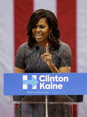 First lady Michelle Obama addresses the Arizona Democratic Party early-vote rally at the Phoenix Convention Center on Oct. 20, 2016. Obama is campaigning for Democratic presidential nominee Hillary Clinton.