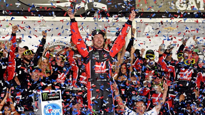 NASCAR Cup Series driver Kurt Busch celebrates winning the 2017 Daytona 500.