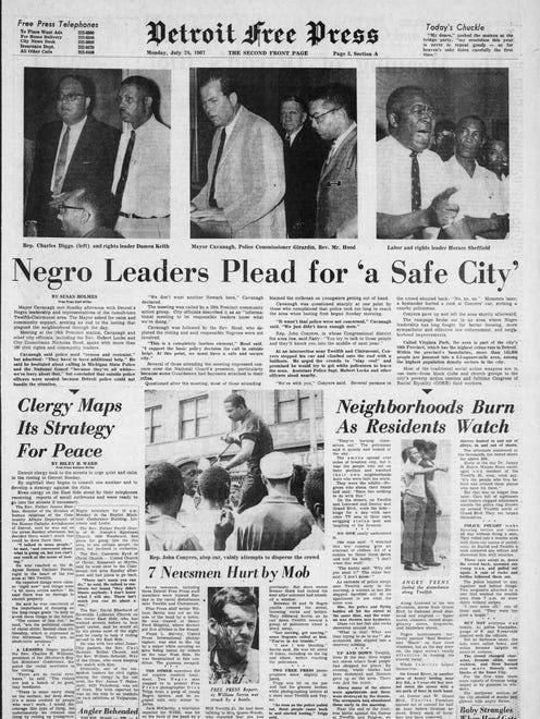Headline on the page, "Negro Leaders Plead for a "Safe City"." From the Detroit Free Press, July 24, 1967 and the riots in Detroit.