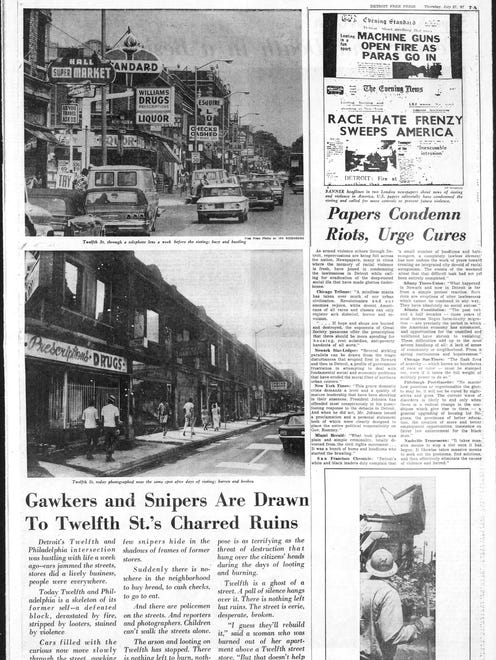 Headline on the page, "Gawkers and Snipers Are Drawn to Twelfth St.'s Charred Ruins." From the Detroit Free Press, July 27, 1967 and the riots in Detroit.