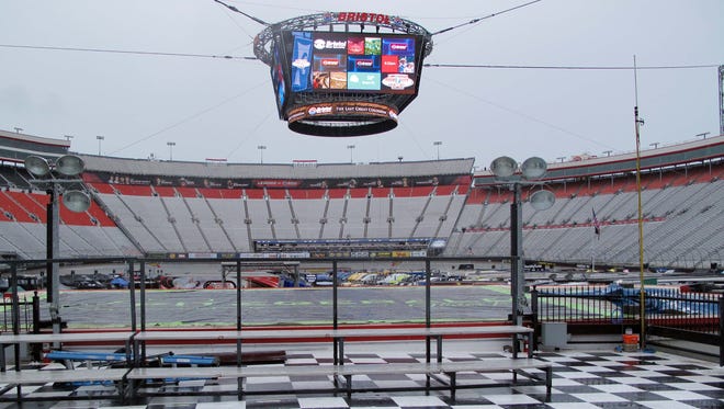 The view from victory lane at Bristol Motor Speedway was a rainy one Sunday.