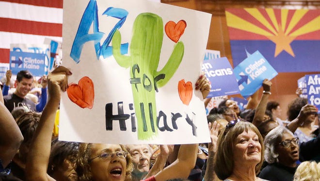 Supporters gather to see the first lady Michelle Obama address the Arizona Democratic Party Early Vote rally at the Phoenix Convention Center on Thursday, Oct. 20, 2016. Obama is campaigning for Democratic presidential nominee Hillary Clinton.