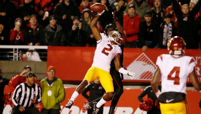 USC defensive back Adoree' Jackson (2) breaks up a pass to Utah wide receiver Tim Patrick (12) in the end zone during the second quarter.
