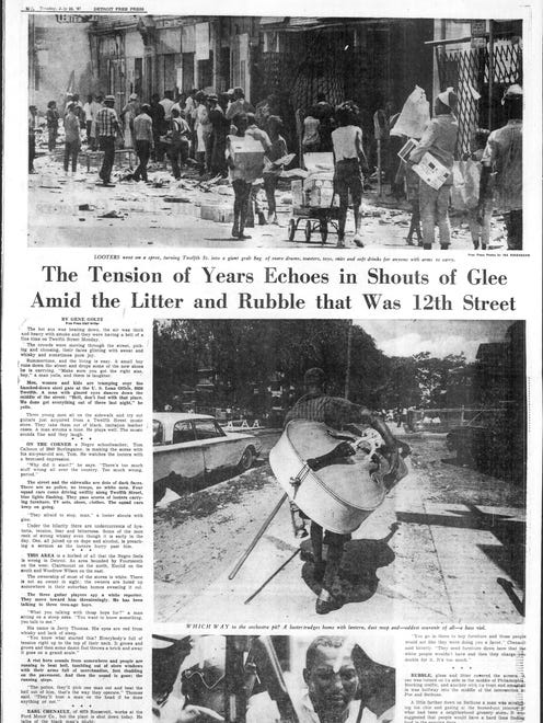 Headline on the page, "The Tension of Years Echoes in Shouts of Glee Amid the Litter and Rubble that Was 12th Street." From the Detroit Free Press, July 25, 1967 and the riots in Detroit.