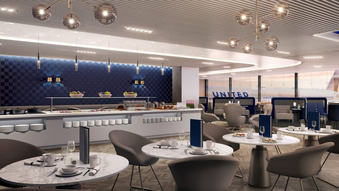 Rendering of a buffet spread at a United Polaris airport lounge.