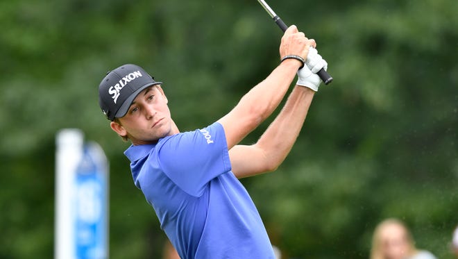 Smylie Kaufman hits his tee shot on the 16th hole during the second round of the 2016 Deutsche Bank Championship golf tournament at TPC of Boston on Sept. 3.