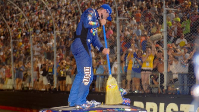 Kyle Busch was thrilled to show the crowd a little broom action after sweeping all three races at Bristol Motor Speedway. He led 451 of 1,003 laps.