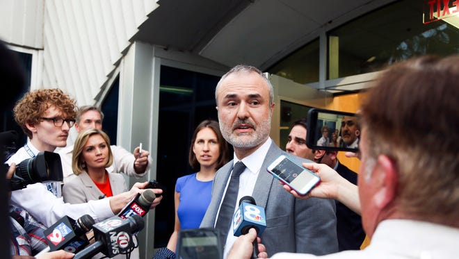 Gawker founder Nick Denton speaks to the media on Friday, March 18, 2016, in St. Petersburg, Fla. Hulk Hogan, whose given name is Terry Bollea was awarded $115 million in damages in his lawsuit against the gossip website Gawker on Friday.  (Eve Edelheit/The Tampa Bay Times via AP)