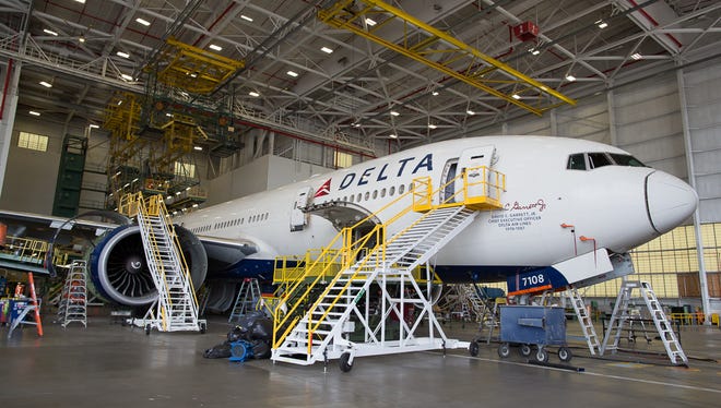 A Delta Air Lines' Boeing 777-200LR at Delta's TechOps facility in Atlanta on April 29, 2016.
