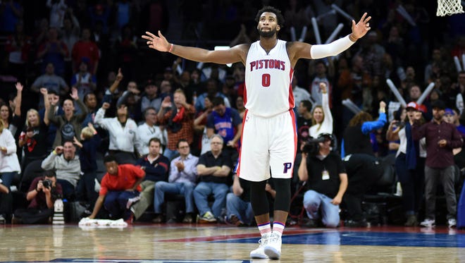 Andre Drummond celebrates during the fourth quarter against the Utah Jazz at The Palace of Auburn Hills.