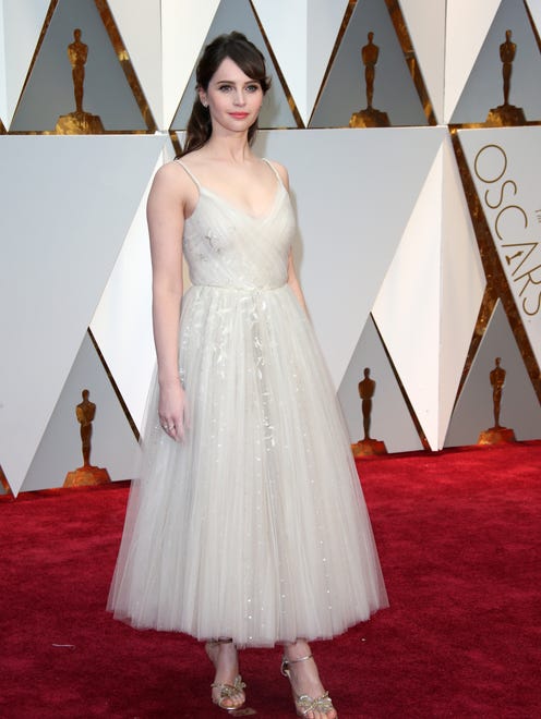 Felicity Jones on the red carpet during the 89th Academy Awards at Dolby Theatre.