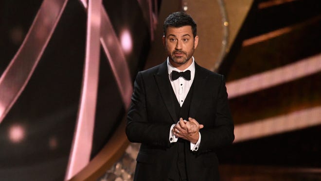 Jimmy Kimmel delivers the opening monologue during 68th Emmy Awards at the Microsoft Theater.
