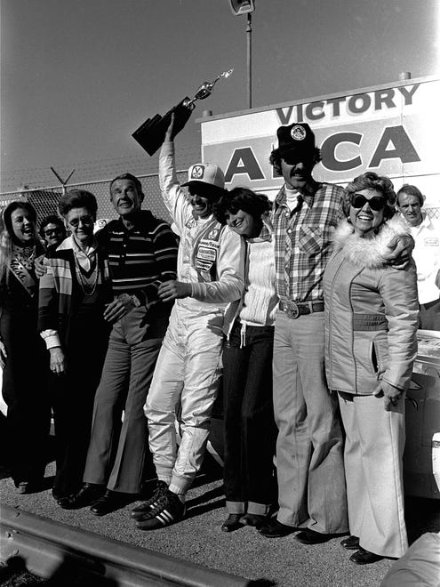 Three generations of racing champions shared the joys of victory when 18-year-old Kyle Petty won the ARCA 200 race Feb. 11, 1979 at Daytona Speedway. Pictured left to right are grandfather Lee, Kyle, Kyle's wife Patti, and Kyle's parents, Richard and Lynda Petty.