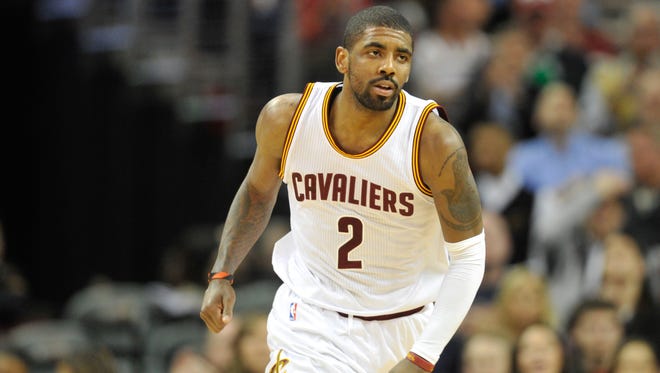 Cleveland Cavaliers guard Kyrie Irving reacts against the Dallas Mavericks at Quicken Loans Arena.