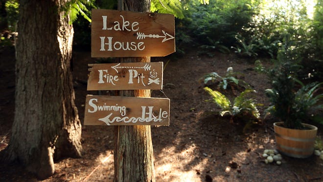 Sign located right off of the dock point the direction of the lake house, fire pit and swimming hole on Clark Island.