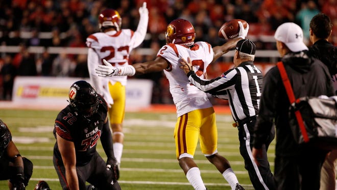 USC defensive back Adoree' Jackson (2) reacts to a fumble recovery against Utah.