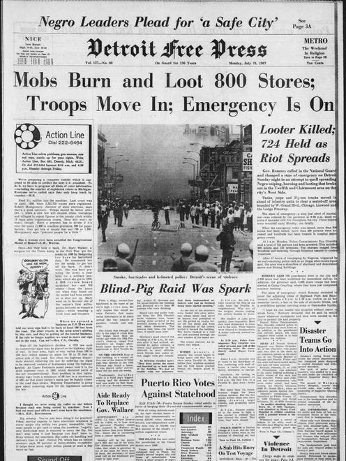 Headline on the front page, "Mobs Burn and Loot 800 Stores; Troops Move In; Emergency Is On." From the Detroit Free Press, July 24, 1967 and the riots in Detroit.