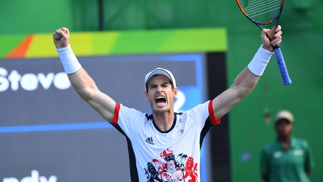 Andy Murray of Great Britain celebrates his win over American Steve Johnson men's tennis quarterfinals.