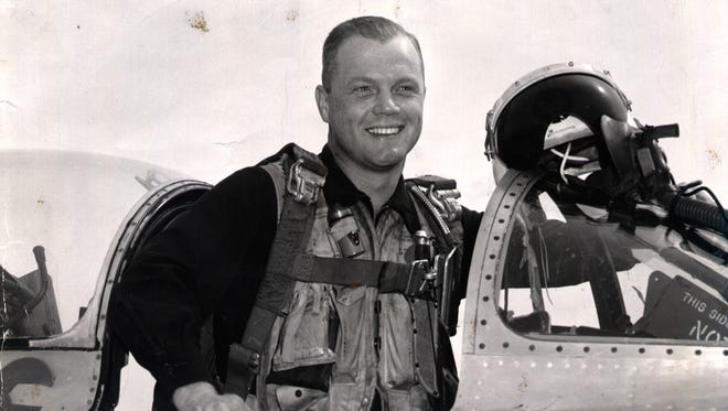 unknown
Glenn, then a major, is shown in this July 1953 photo as he returned to his base after he scored his second Mig kill in Korea. The red on the side of his Sabre jet for the first enemy fighter he bagged a few days before.
