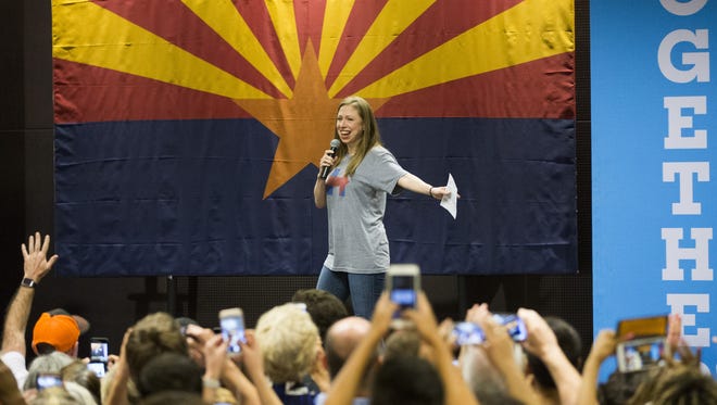 Chelsea Clinton campaigns for her mom, Democratic presidential nominee Hillary Clinton, at Arizona State University in Tempe on Oct. 19, 2016.