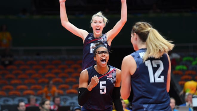 USA middle blocker Rachael Adams (5) celebrates against the Netherlands in the women's volleyball bronze medal match.