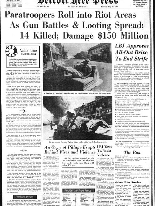 Headline on the page, "Paratroopers Roll into Riot Areas As Gun  Battles & Looting Spread; 14 Killed; Damage $150 Million." From the Detroit Free Press, July 25, 1967 and the riots in Detroit.