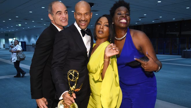 Michael Kelly, from left, Keegan Michael-Key,  Angela Bassett, and Leslie Jones at the Governors Ball for the 68th Primetime Emmy Awards at the Los Angeles Convention Center.