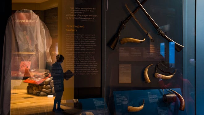 Weapons and battle horns on display inside the upcoming Museum of the American Revolution Friday, March 24 in Philadelphia.