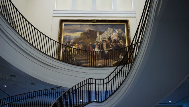 A custom stairwell leading up to the main hall inside the upcoming Museum of the American Revolution Friday, March 24 in Philadelphia.