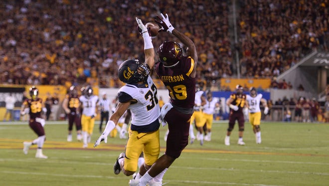 California Golden Bears safety Jacob Anderson (32) breaks up a pass intended for Arizona State Sun Devils wide receiver Ellis Jefferson (19) during the first half at Sun Devil Stadium.