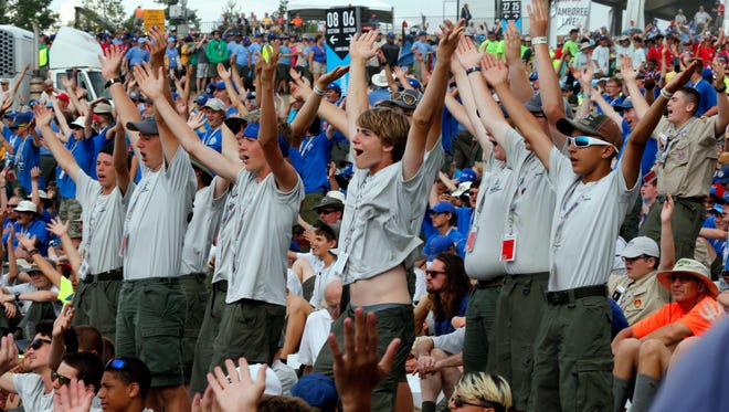 Boy Scouts sing and dance to music as they await the arrival of President Donald Trump at the 2017 National Boy Scout Jamboree at the Summit in Glen Jean, W.Va., Monday, July 24, 2017.
