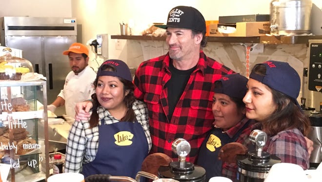 Scott Patterson, center, who plays Luke Danes in 'Gilmore Girls,' surprised fans at a Luke's Diner pop-up in Beverly Hills.