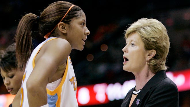 Summitt gives instructions to Candace Parker during the first half of the NCAA championship game against Rutgers in Cleveland.