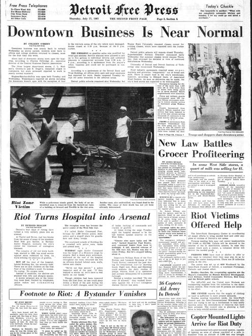 Headline on the page, "Downtown Business Is Near Normal." From the Detroit Free Press, July 27, 1967 and the riots in Detroit.