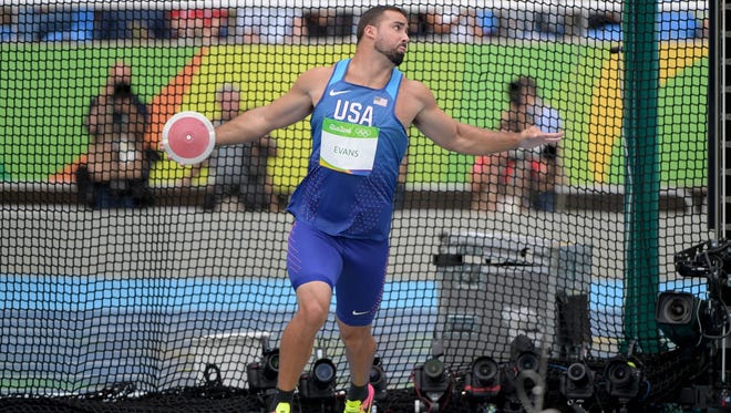 Andrew Evans of the United States competes in the men's discus throw at Estadio Olimpico Joao Havelange in the Rio 2016 Summer Olympic Games.