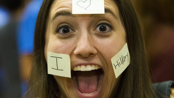 Mollie Rubin, 19, shows her support before an Arizona Democratic Party Early Vote Rally with Chelsea Clinton at Arizona State University in Tempe on Oct. 19, 2016.