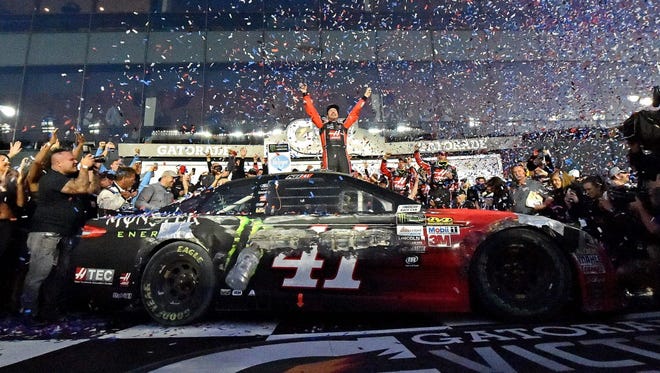 NASCAR Cup Series driver Kurt Busch celebrates winning the 2017 Daytona 500.