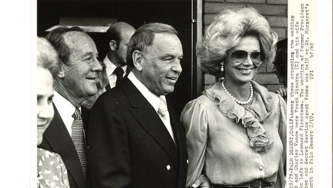L to R: Leonard Firestone, Frank and Barbara Sinatra attend the wedding Susan Ford and Charles Vance. The wedding of former President Gerald Ford's daughter and Vance, a Secret Service agent, was held at St. Margaret's Episcopal Church in Palm Desert on Feb. 10, 1979.