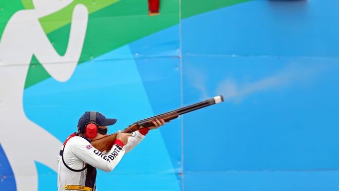 Elena Allen of Great Britain shoots during the women's skeet qualifications in the Rio 2016 Summer Olympic Games at Olympic Shooting Centre.