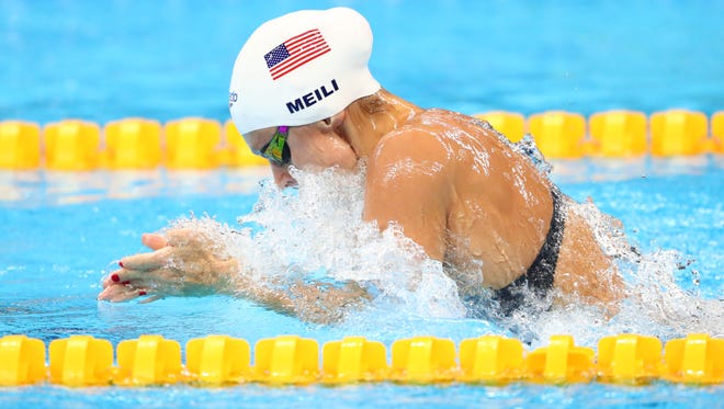 Katie Meili of the United States swims during the women's 4x100m medley relay heats in the Rio 2016 Summer Olympic Games at Olympic Aquatics Stadium.