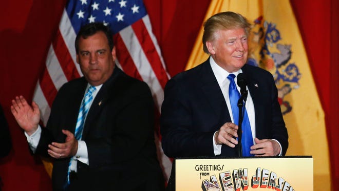 Donald Trump and New Jersey Gov. Chris Christie greet the crowd at a fundraising event in Lawrenceville, N.J., on May 19, 2016.