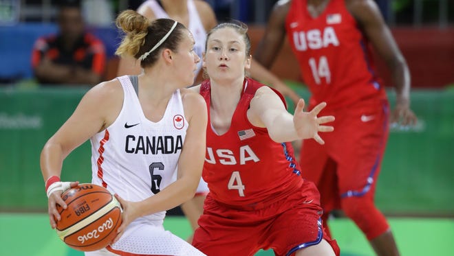 Canada guard Shona Thorburn (6) looks to pass around U.S. defender Lindsay Whalen (4) during their pool play game. Whalen and the U.S. won 81-51.