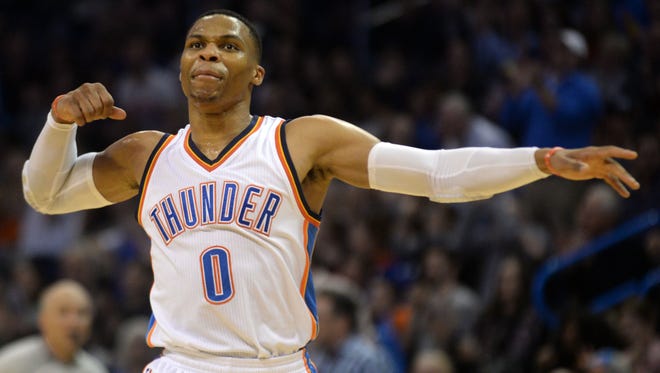 Oklahoma City Thunder guard Russell Westbrook (0) reacts after a play against the Detroit Pistons during the second quarter at Chesapeake Energy Arena.