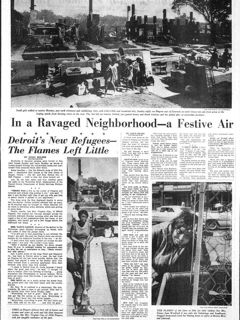 Headline on the page, "In a Ravaged Neighborhood--a Festive Air. Detroit's New Refugees--The Flames Left Little." From the Detroit Free Press, July 25, 1967 and the riots in Detroit.