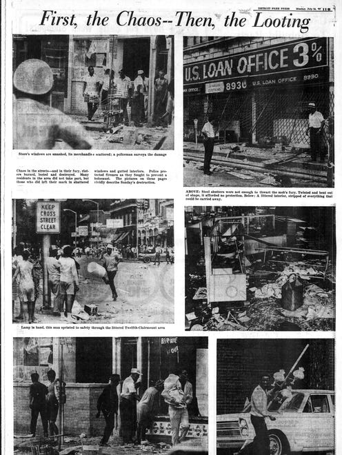 Headline on the page, "First, the Chaos--Then, the Looting." From the Detroit Free Press, July 24, 1967 and the riots in Detroit.